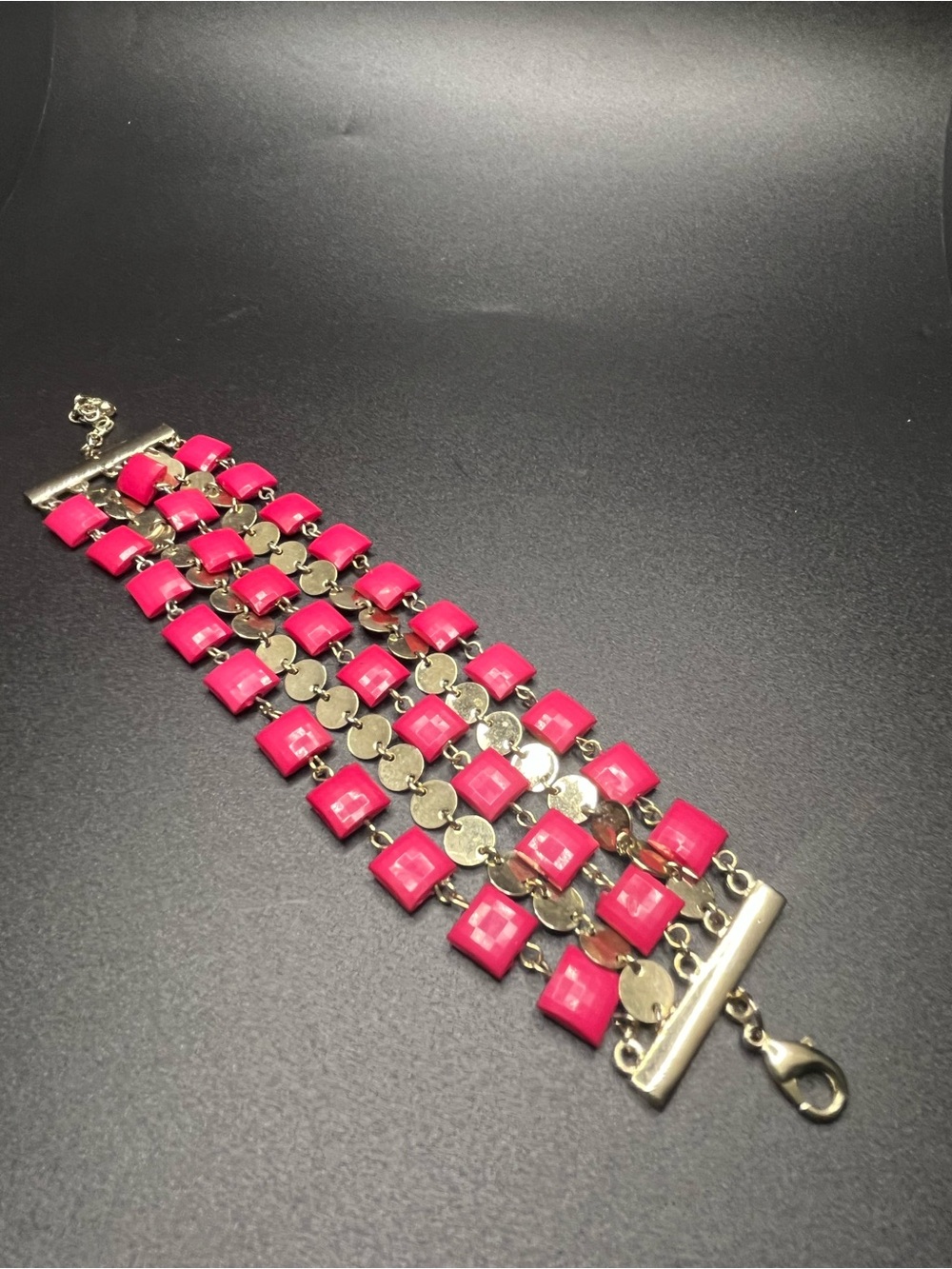 Hot Pink Acrylic Gold Tone Multistrand Statement Bracelet